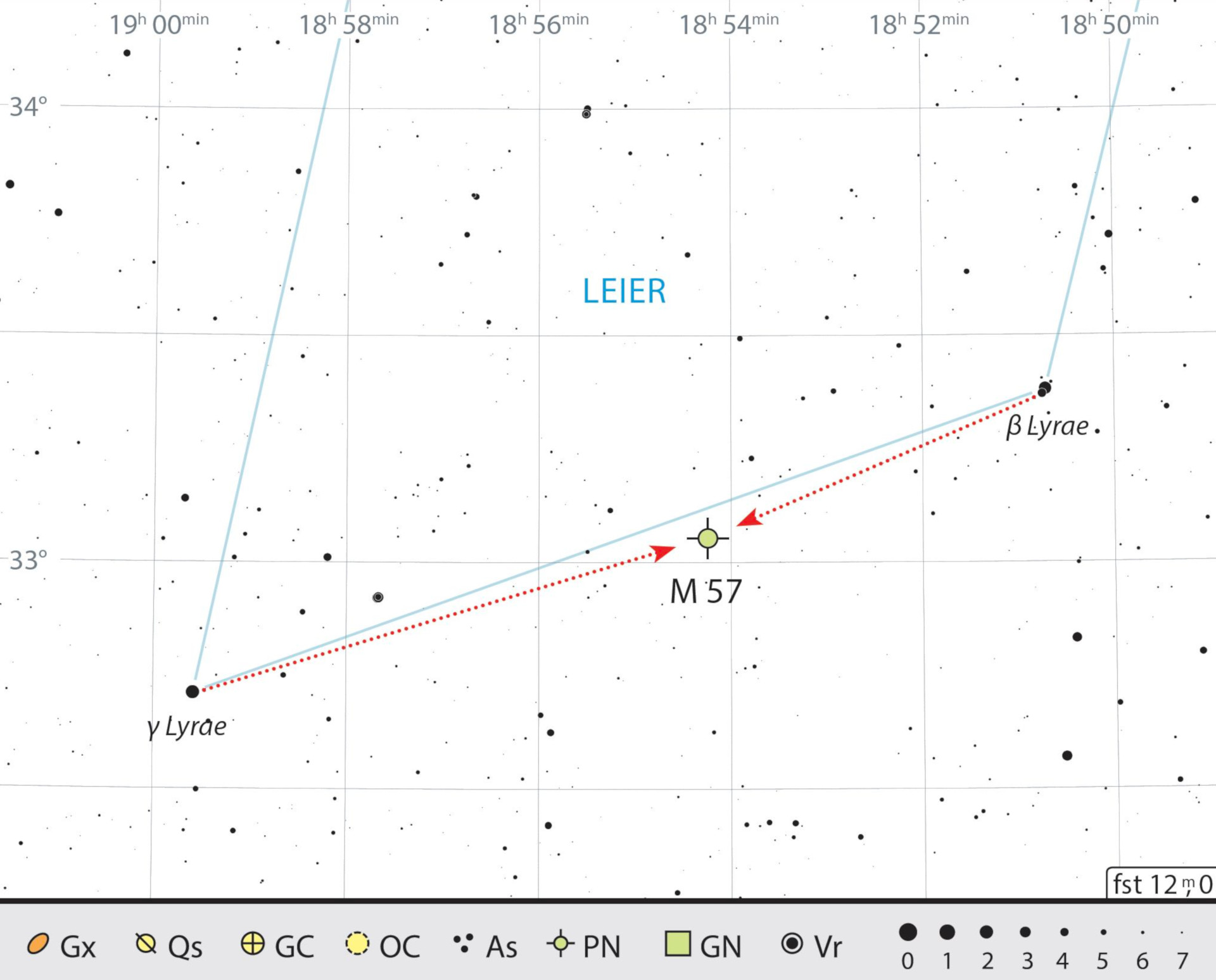 Mappa celeste per la nebulosa Anello nella costellazione della Lira. J. Scholte