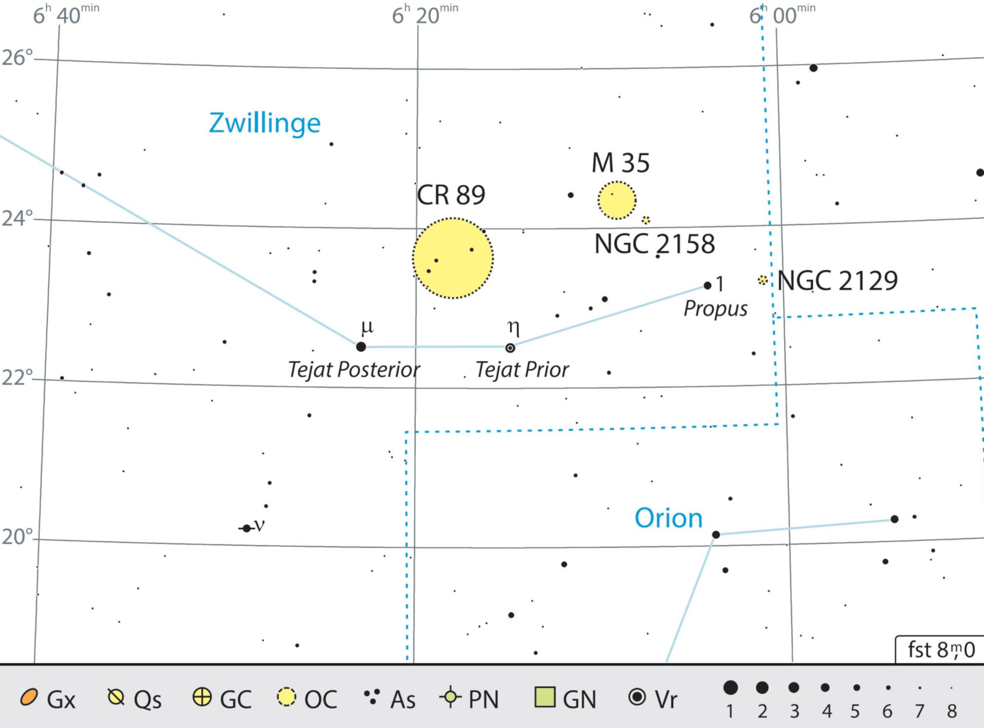 Location map for the binoculars tour in the constellation of Gemini. J. Scholten