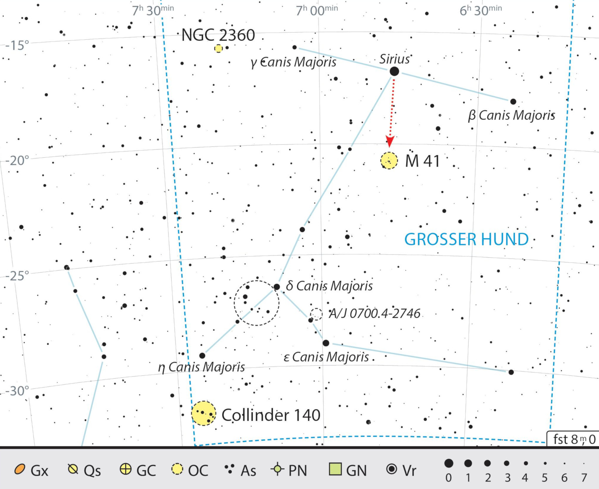 Location map of objects for binoculars in the constellation of Canis Major. J. Scholten