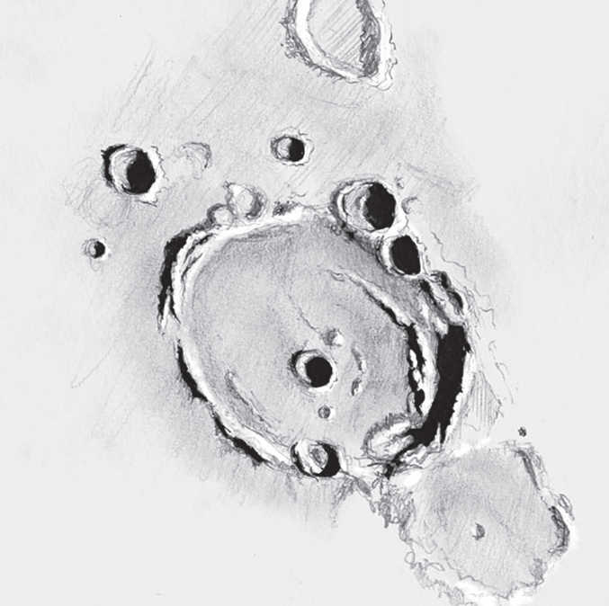 Drawing of Posidonius: a mountain range that runs in a slightly spiral shape into the interior of the crater is especially striking. Serge Vieillard