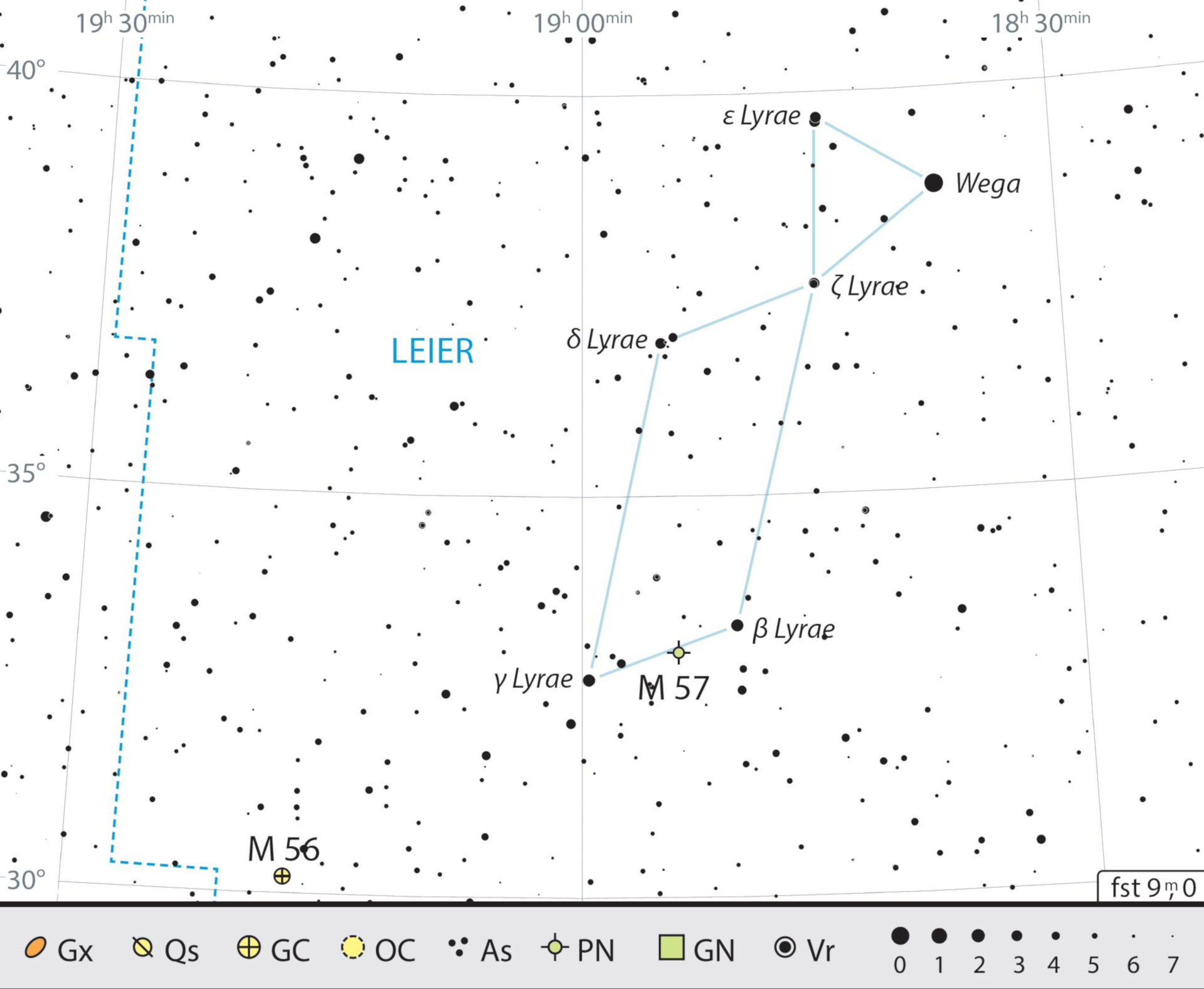 Mappa celeste per la costellazione della Lira, con i consigli per l'osservazione. J. Scholten