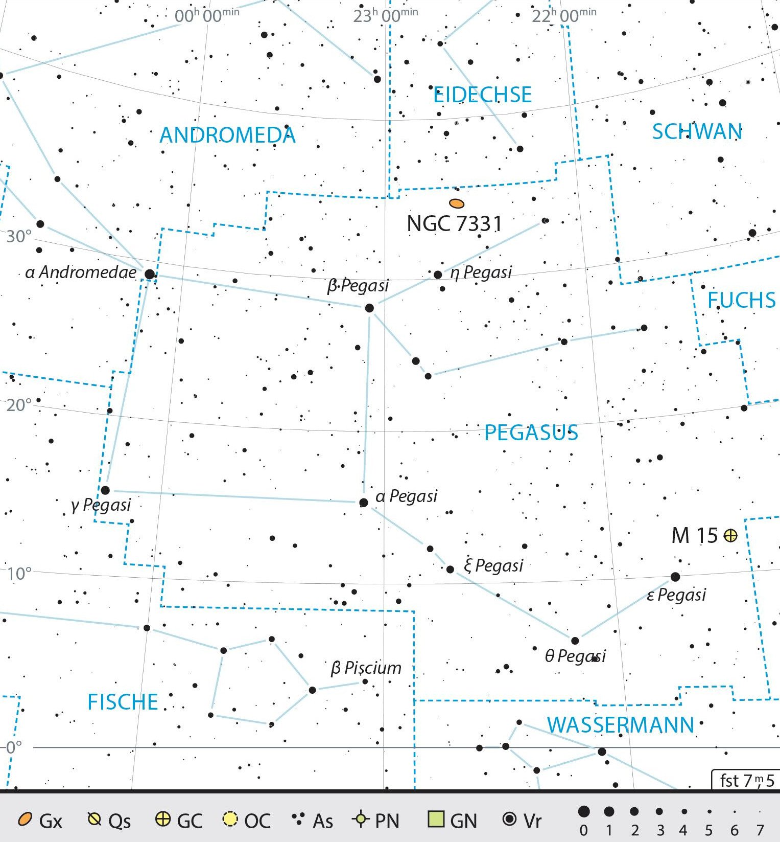 Mappa celeste per la costellazione di Pegaso con gli oggetti consigliati. J. Scholten