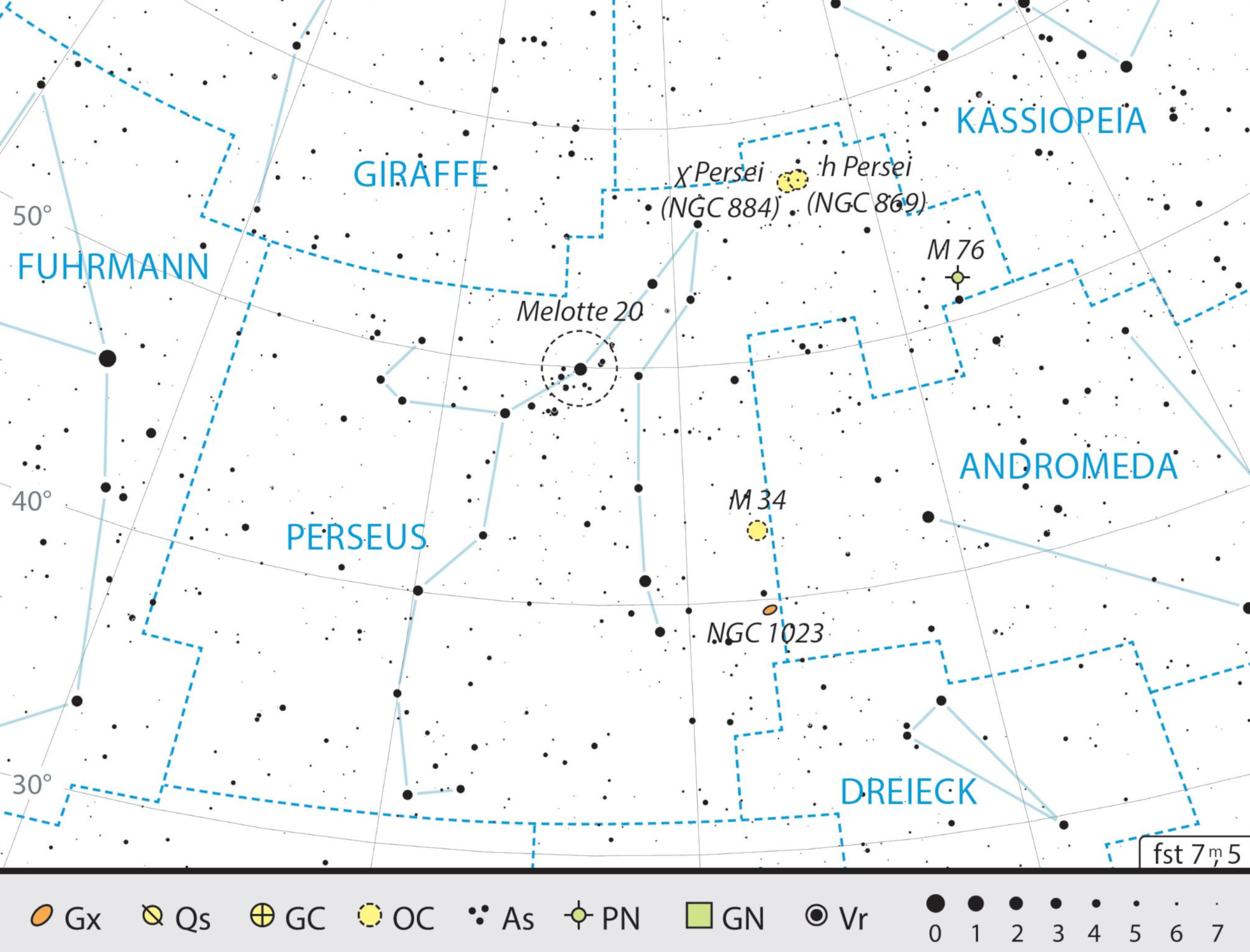 Mappa celeste per la costellazione di Perseo, con gli oggetti consigliati. J. Scholten