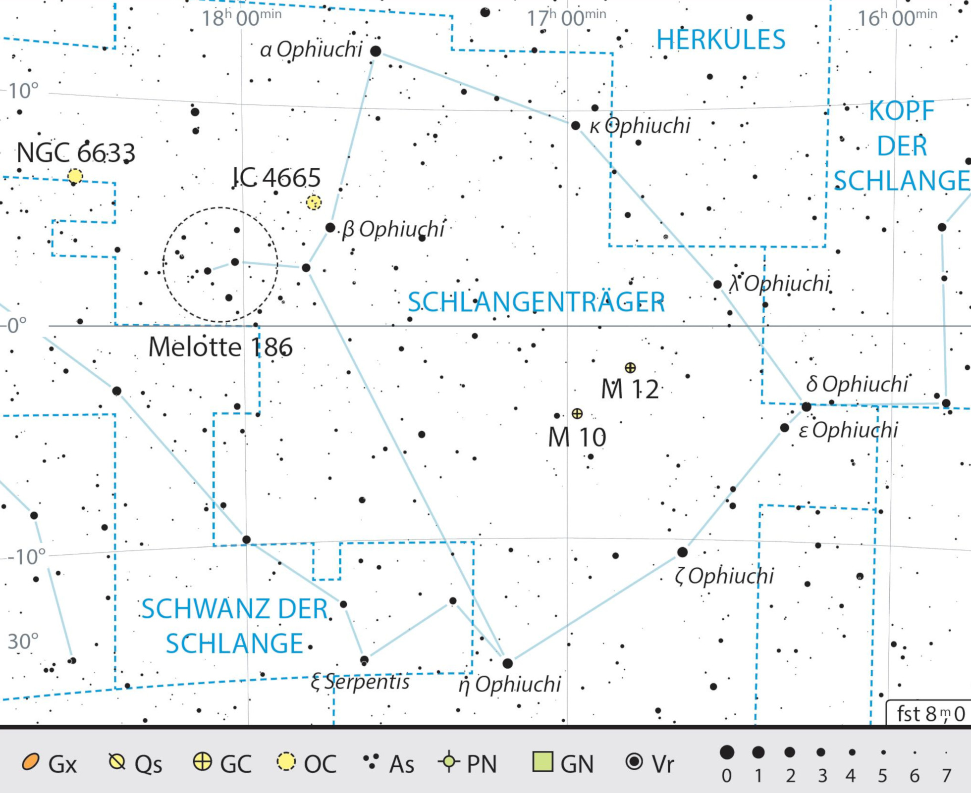 Mappa celeste per la costellazione del Serpentario, con i consigli per l'osservazione. J. Scholten