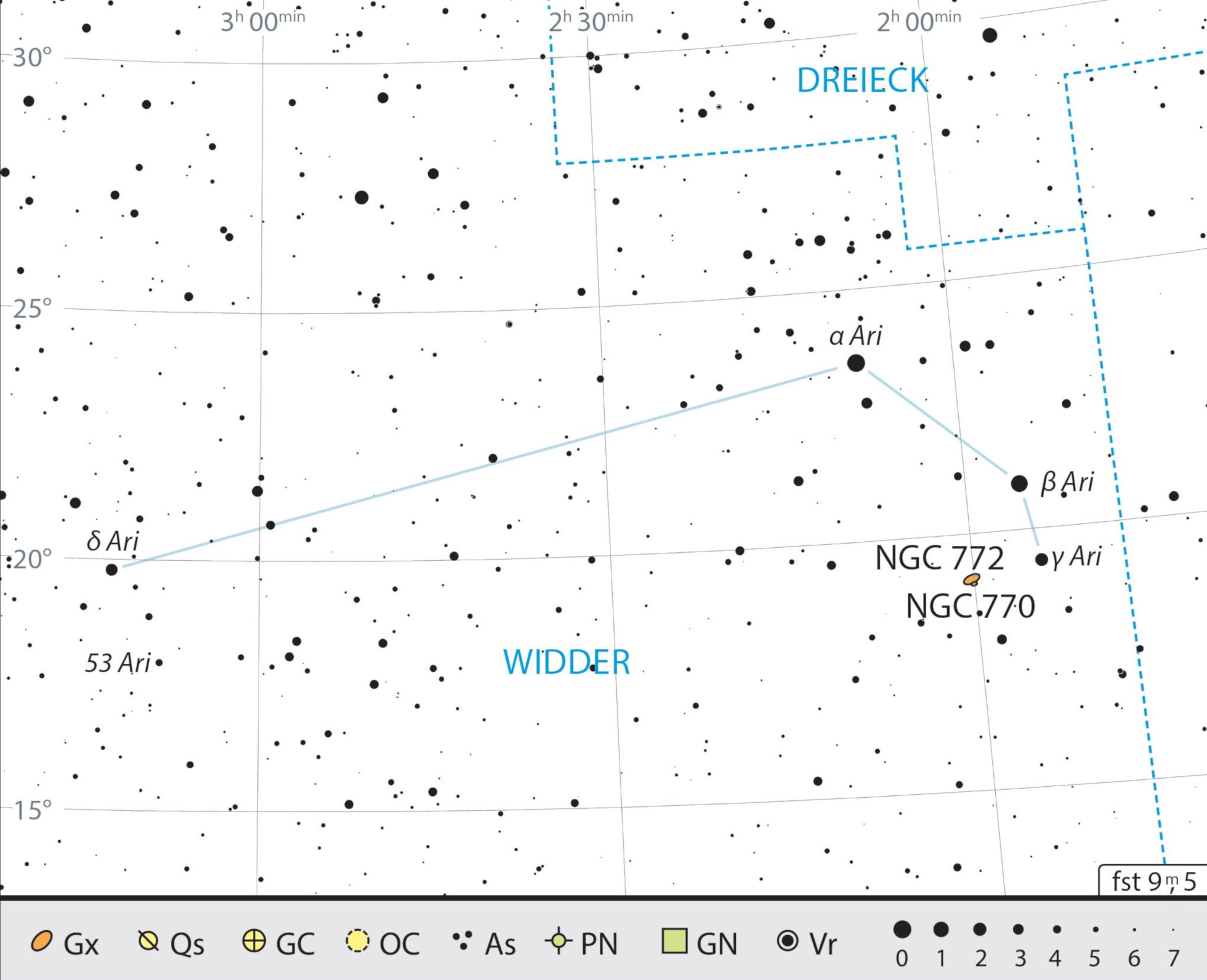 Outline map of constellation Aries with our observing recommendations.