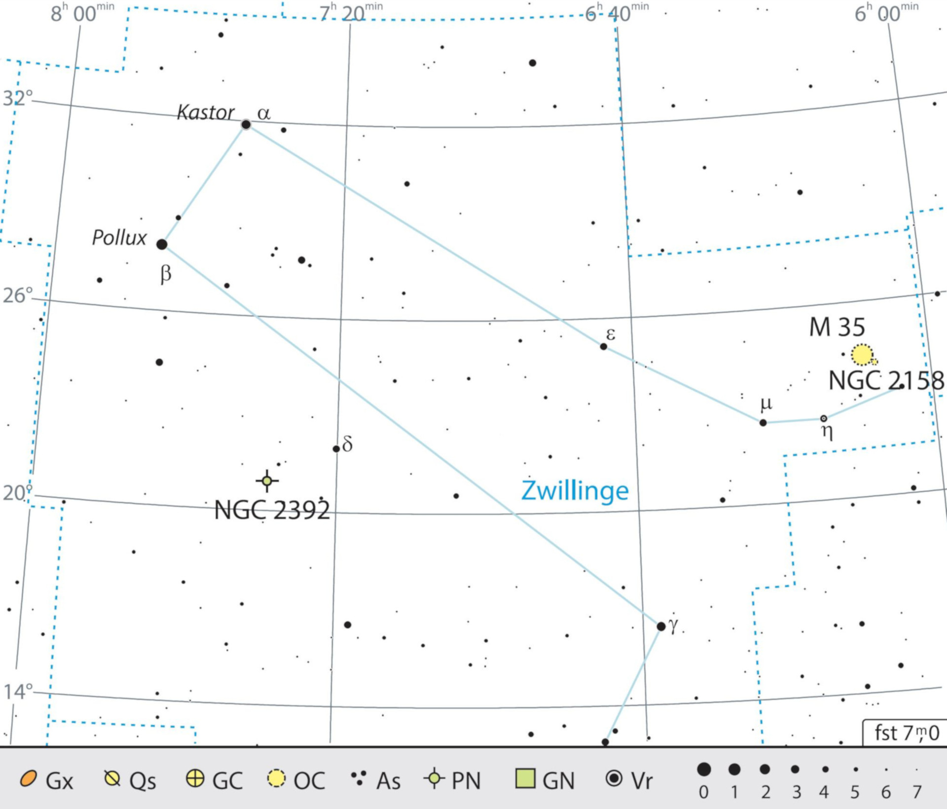 Mappa celeste per la costellazione dei gemelli con gli oggetti consigliati. J. Scholten