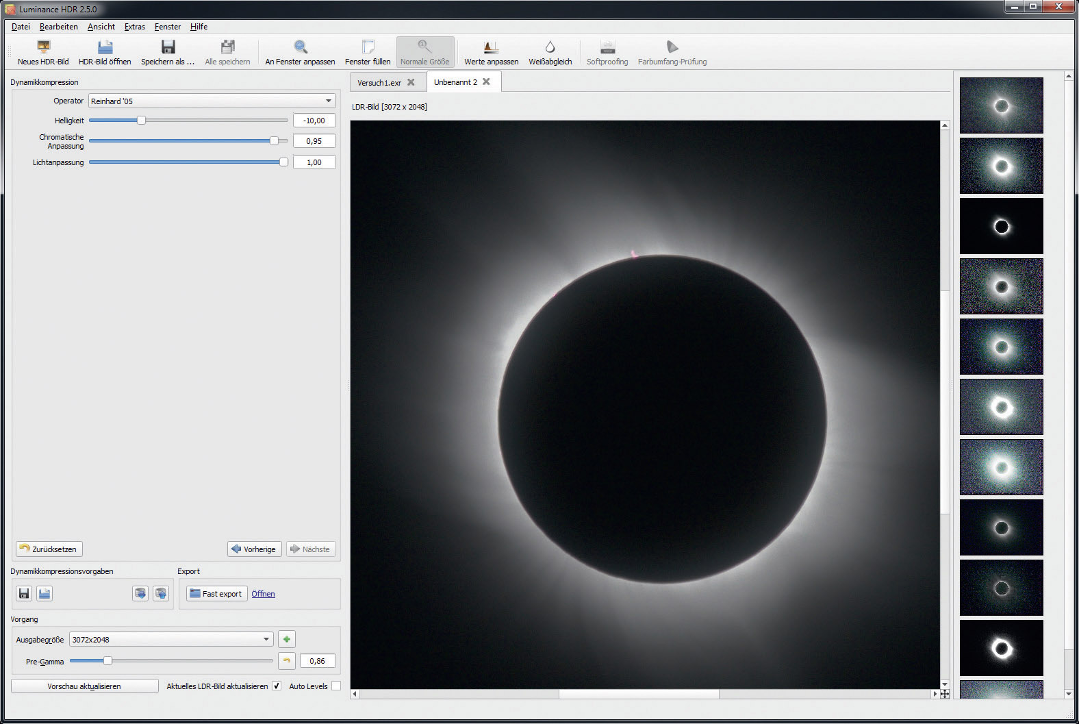 The dynamic compression adjustment window. The operator parameters can be adjusted in the left pane. The example shows an LDR image after a Reinhard '05 compression. On the right side of the window, you can see previews for the various operators. M. Weigand