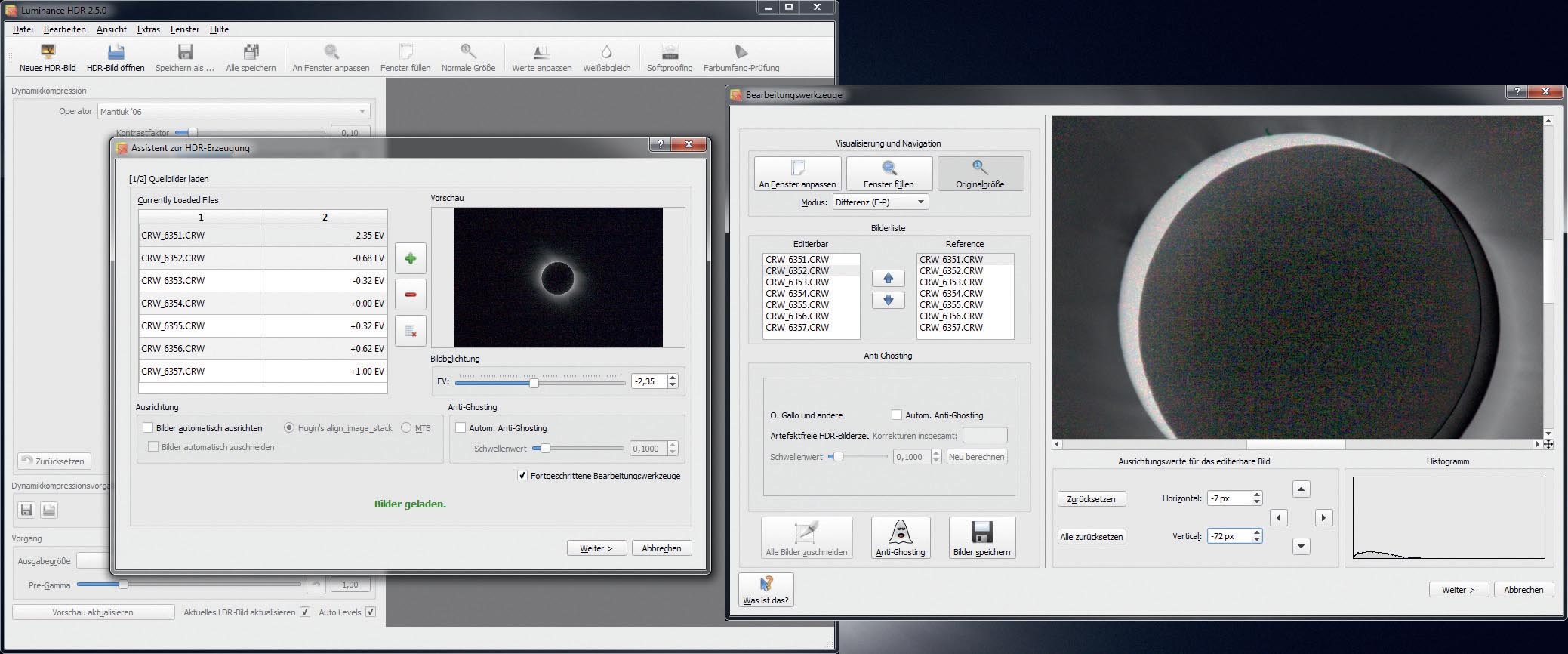 Luminance HDR program when creating a new HDR image. The image series can be loaded in the left-hand dialogue box. Besides a check mark for Advanced Editing Tools, no additional settings are required The dialogue box on the right allows the images to be checked and aligned for offsets. M. Weigand