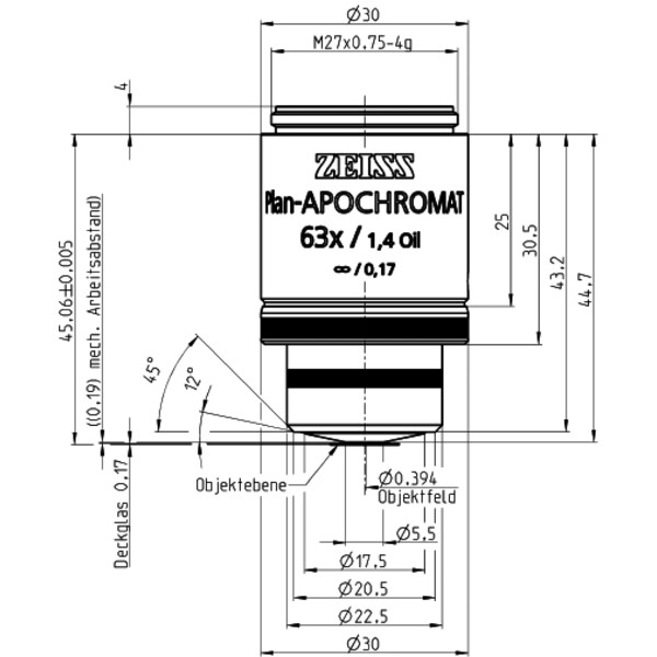 ZEISS Objective Objektiv Plan-Apochromat,  incl. 100 cover glasses,63x/1,4 Oil incl. wd=0,19mm