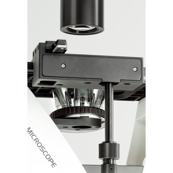 Kern Inverted microscope OCM 166, FL, PH, trino, inverse, Abbe N.A. 0.3 fixed condenser, 10x-40x, 30W LED, Al, 100W HBO, Dl