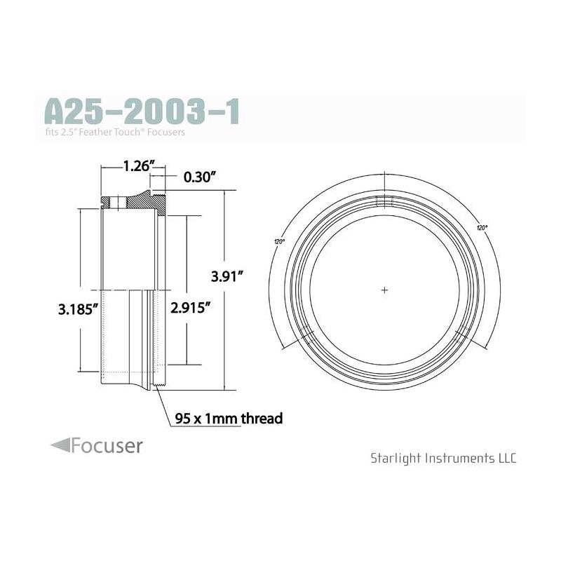 Starlight Instruments Adapter Adaptador rosca macho 2,5" - 95x1mm, 0,9" L (nuestro Teflon-Coupled Collar de la serie FTF25)