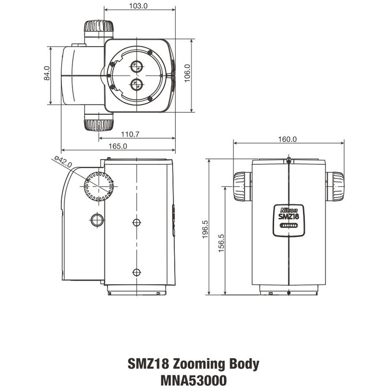 Nikon SMZ18, manual , parallel optics, achromatic, zoom head, bino, 7.5-135x, click stop, ratio 18:1, 15°