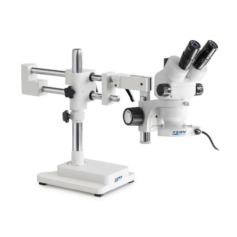 Kern Stereo zoom microscope OZM 922, bino, 7x-45x, HSWF10x23mm, Tripod, double arm (515 mm x 614 mm) w. table top, ring light LED 4.5 W