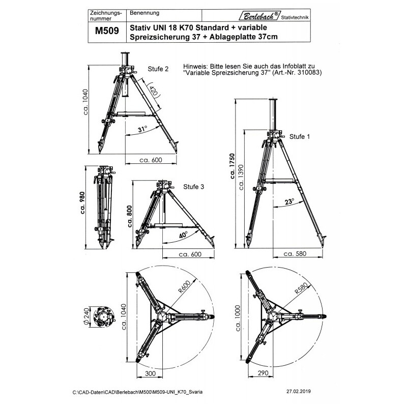 Berlebach Houten tripod UNI 18 K70 3/8"