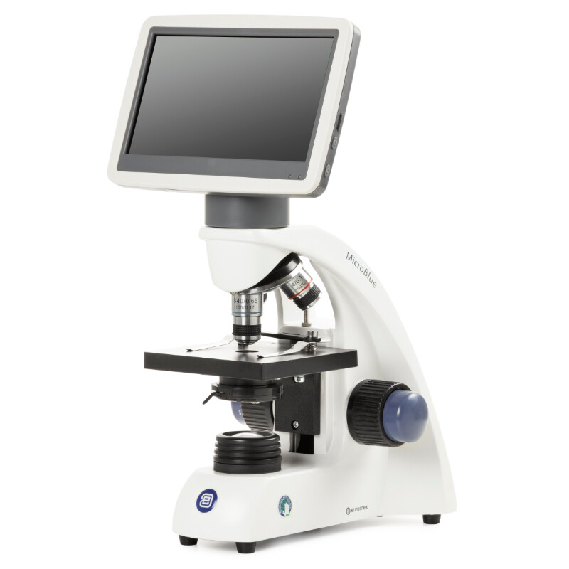 Euromex Microscope MicroBlue, MB.1051-LCD, 5.6 inch LCD screen, Achr. 4/10/S40x objectives, DIN 35mm perf., 40x - 400x, LED, 1W, Cross table