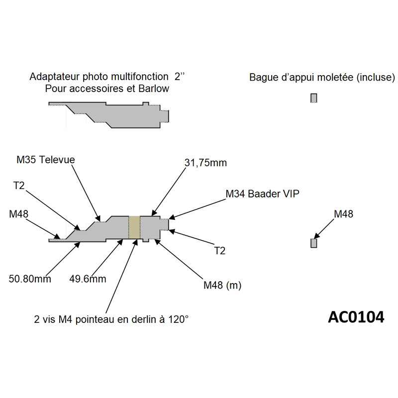 Pierro Astro Adaptador para cámaras Kamera-Adapter 50,80mm auf T2 und M48 für Barlow