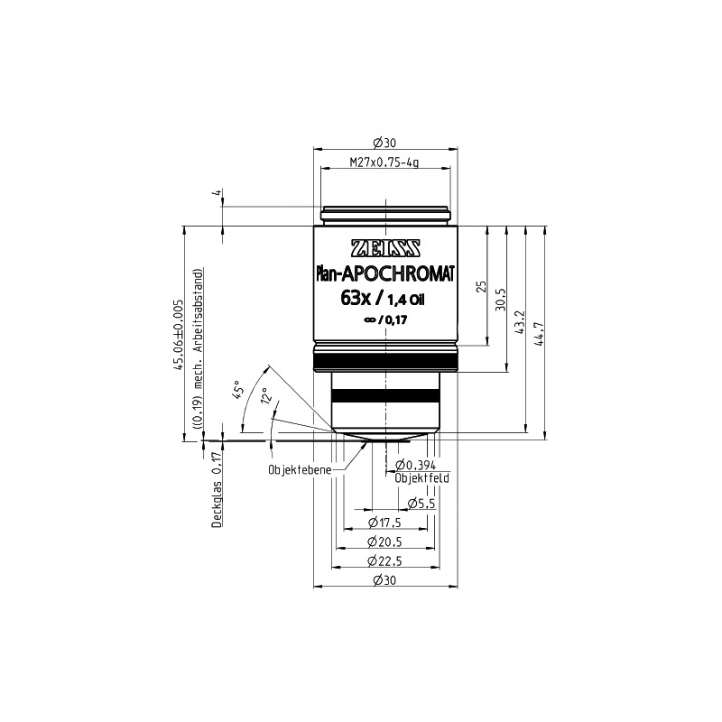 ZEISS Objective Objektiv Plan-Apochromat,  incl. 100 cover glasses,63x/1,4 Oil incl. wd=0,19mm