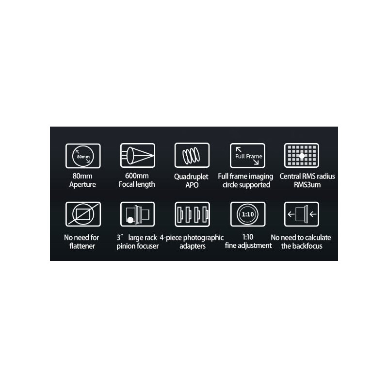 ZWO Apochromatische refractor FF80 AP 80/600 Quadruplet OTA